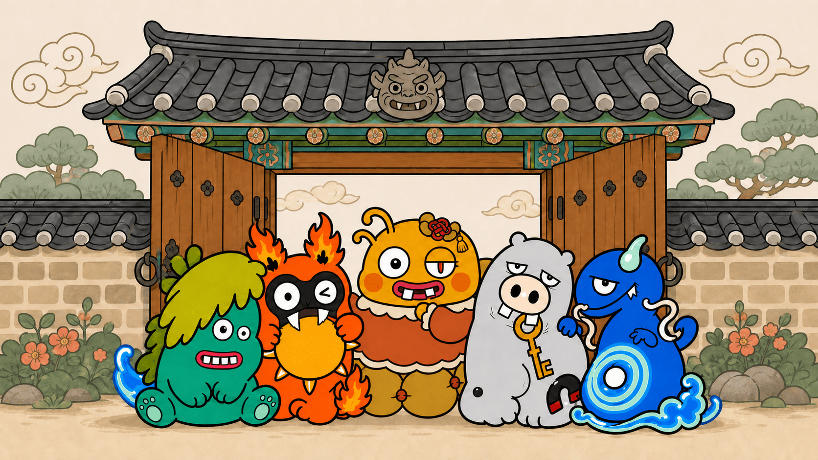Five colorful SAJU FIVE spirits appearing from an open Korean hanok gate
